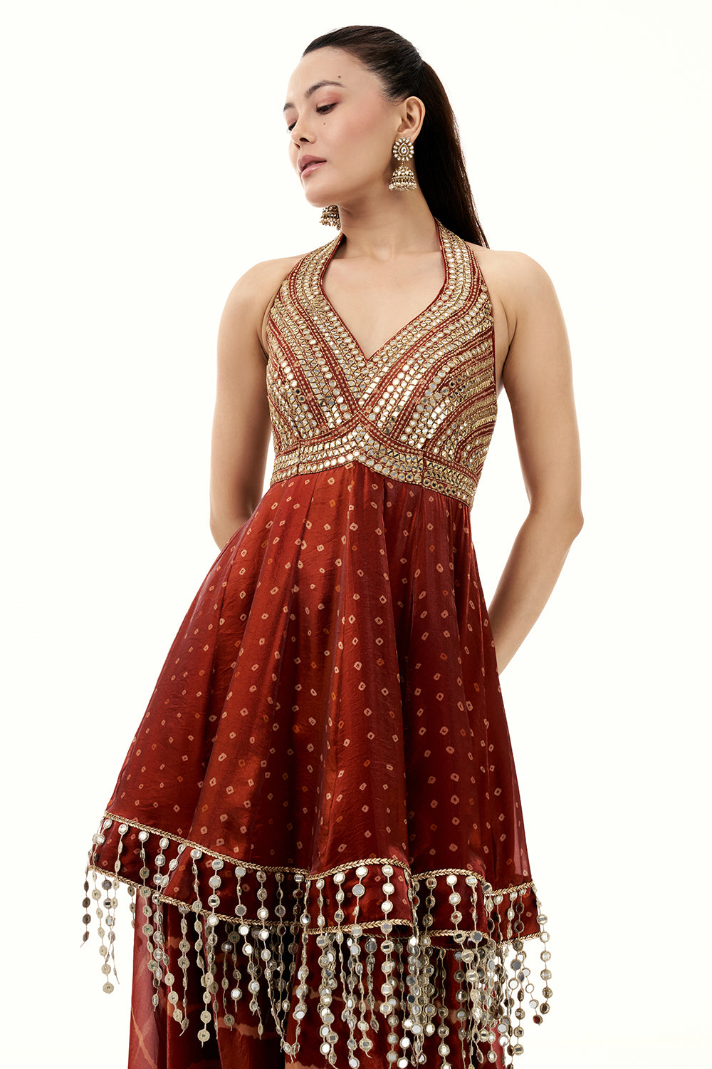 Rust Orange Satin Organza Palazzo Suit with Zari and Tassel Work