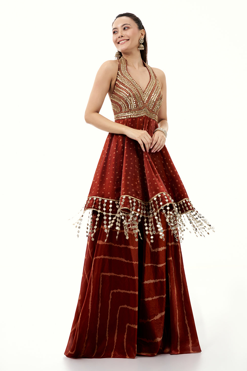 Rust Orange Satin Organza Palazzo Suit with Zari and Tassel Work