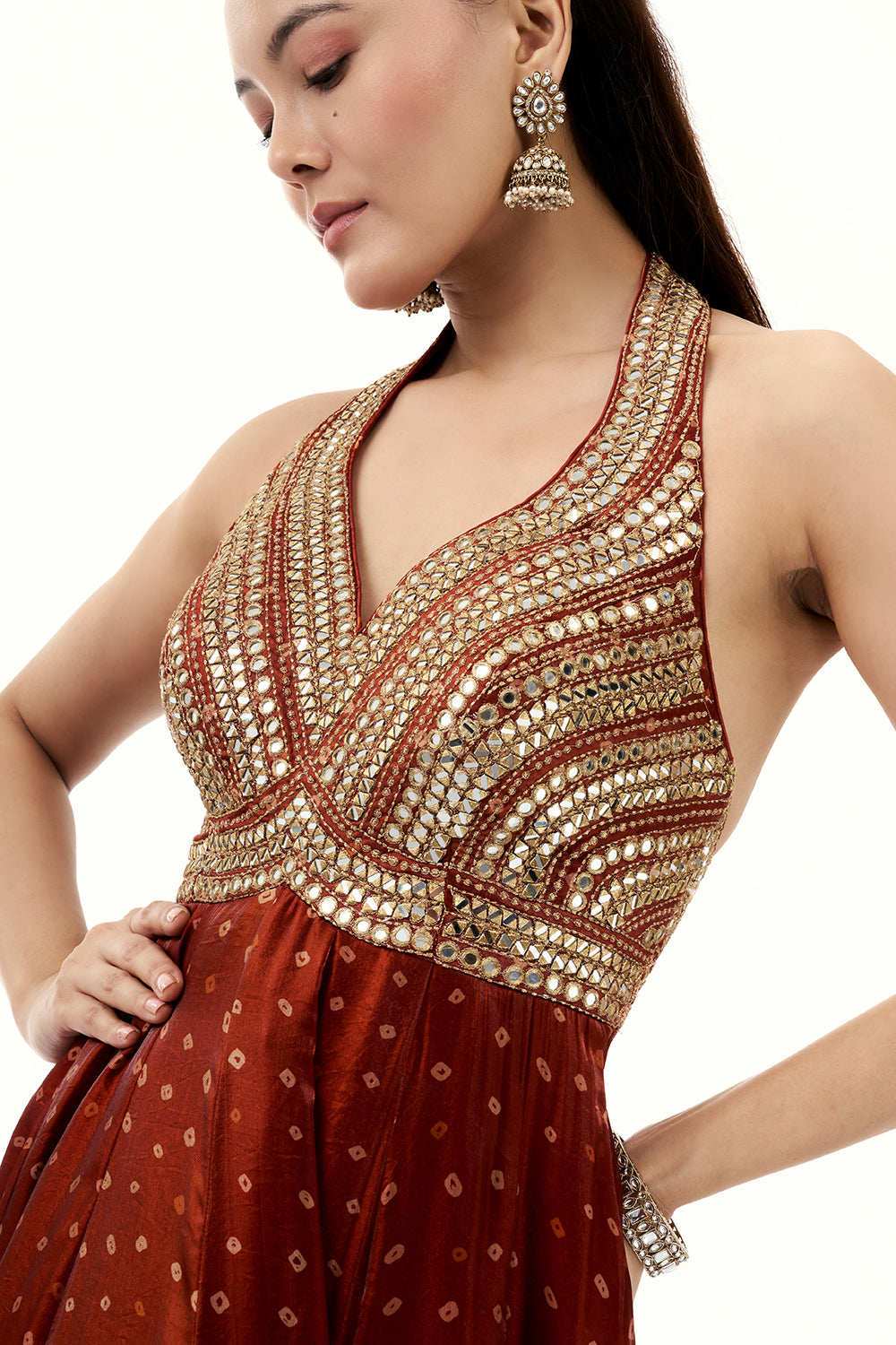 Rust Orange Satin Organza Palazzo Suit with Zari and Tassel Work
