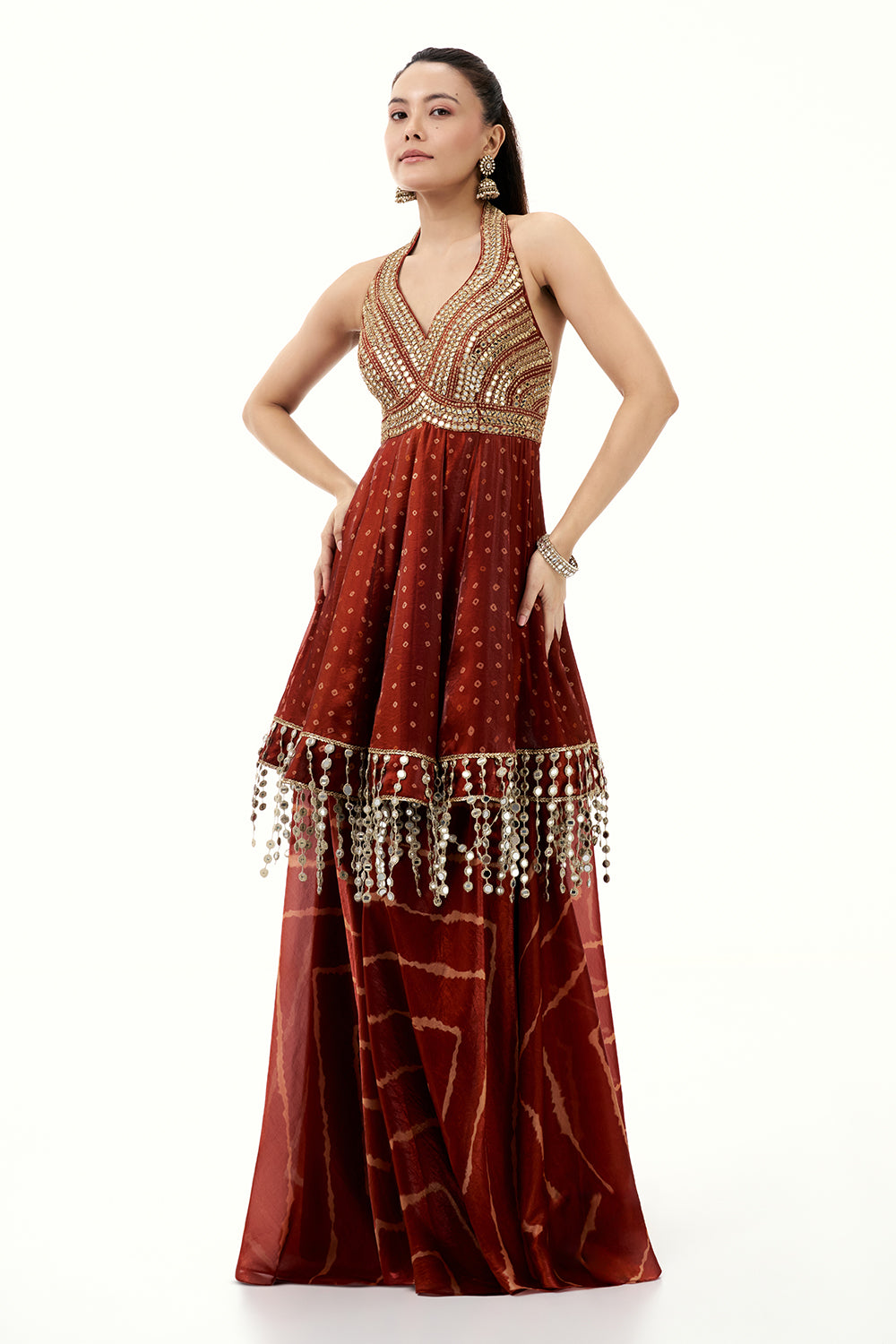 Rust Orange Satin Organza Palazzo Suit with Zari and Tassel Work