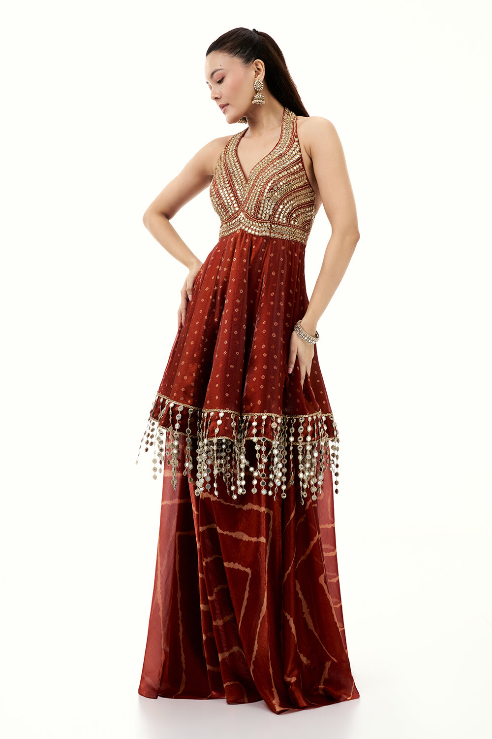 Rust Orange Satin Organza Palazzo Suit with Zari and Tassel Work