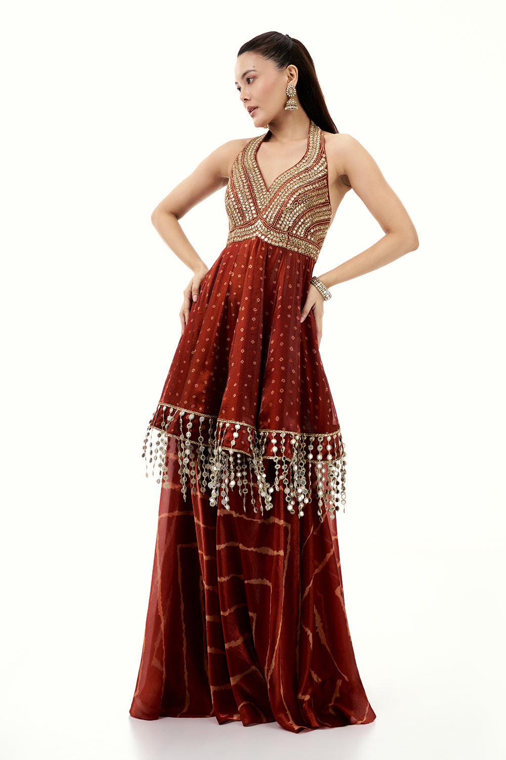 Rust Orange Satin Organza Palazzo Suit with Zari and Tassel Work