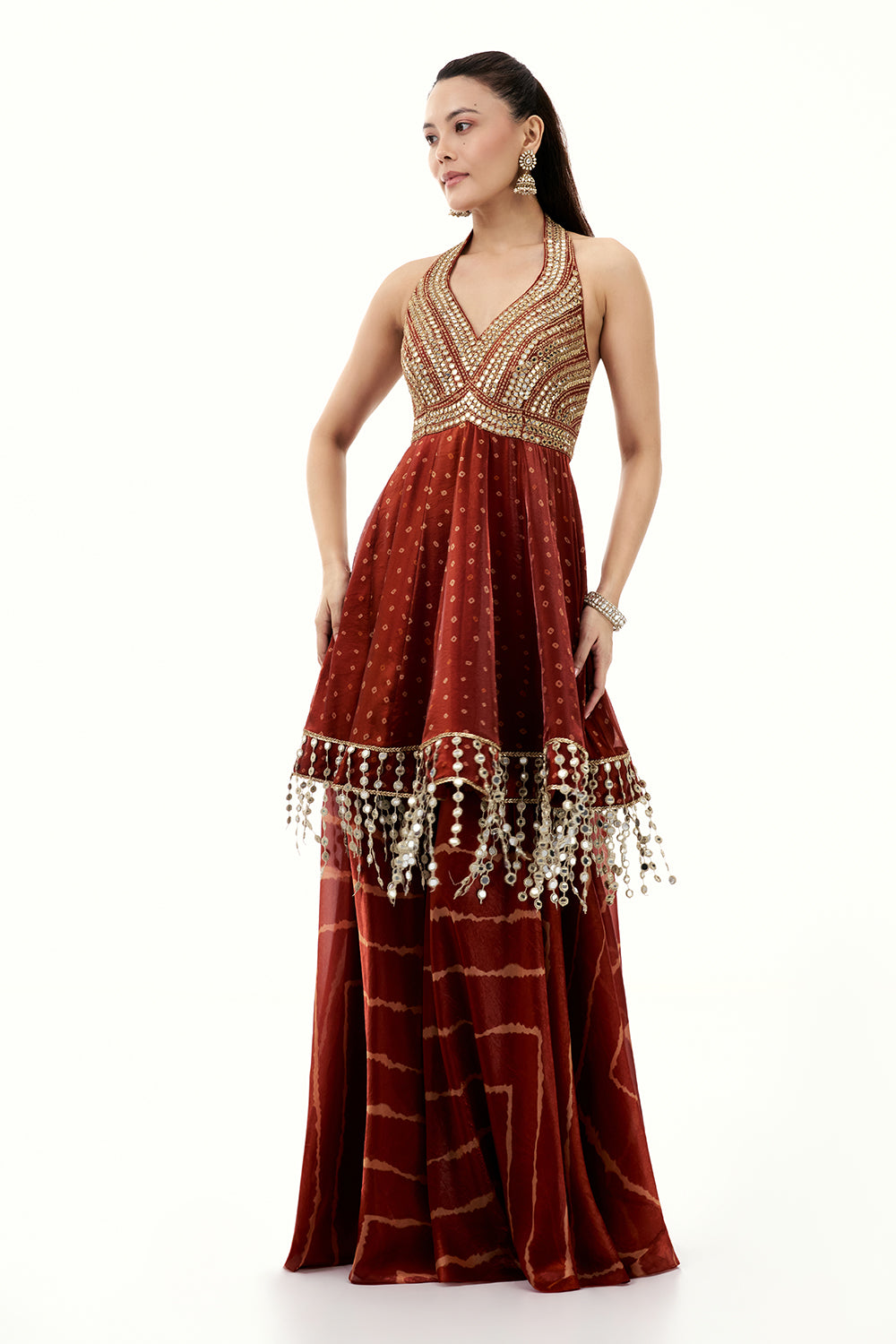 Rust Orange Satin Organza Palazzo Suit with Zari and Tassel Work