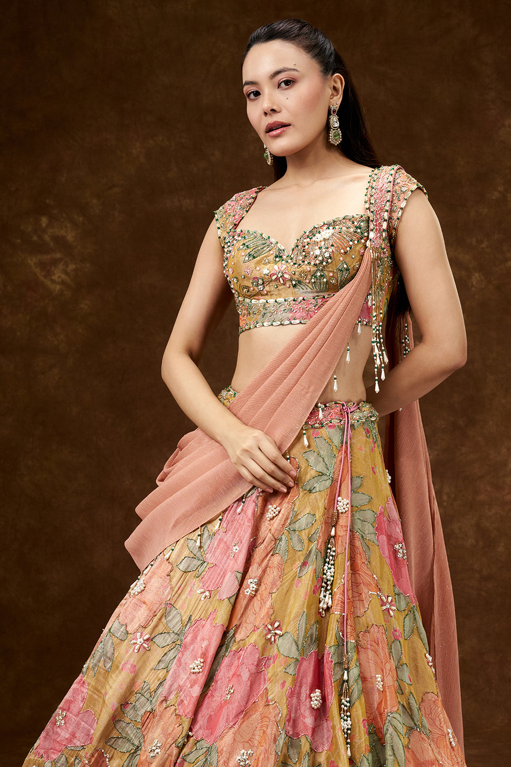 Multicolour Satin Crepe Lehenga with Pearl and Bead Work