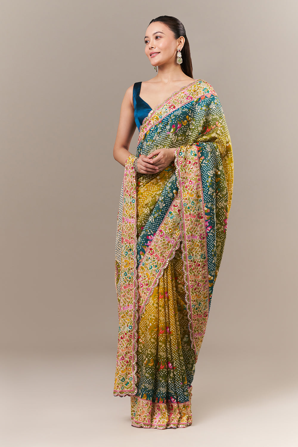 Multicolour Silk Printed Saree with Mirror and Zari Work