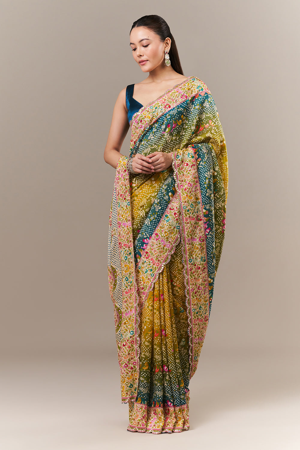 Multicolour Silk Printed Saree with Mirror and Zari Work