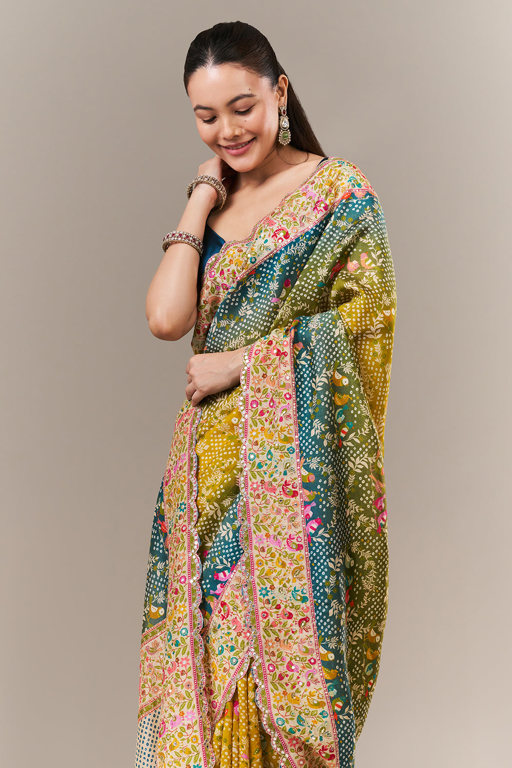 Multicolour Silk Printed Saree with Mirror and Zari Work