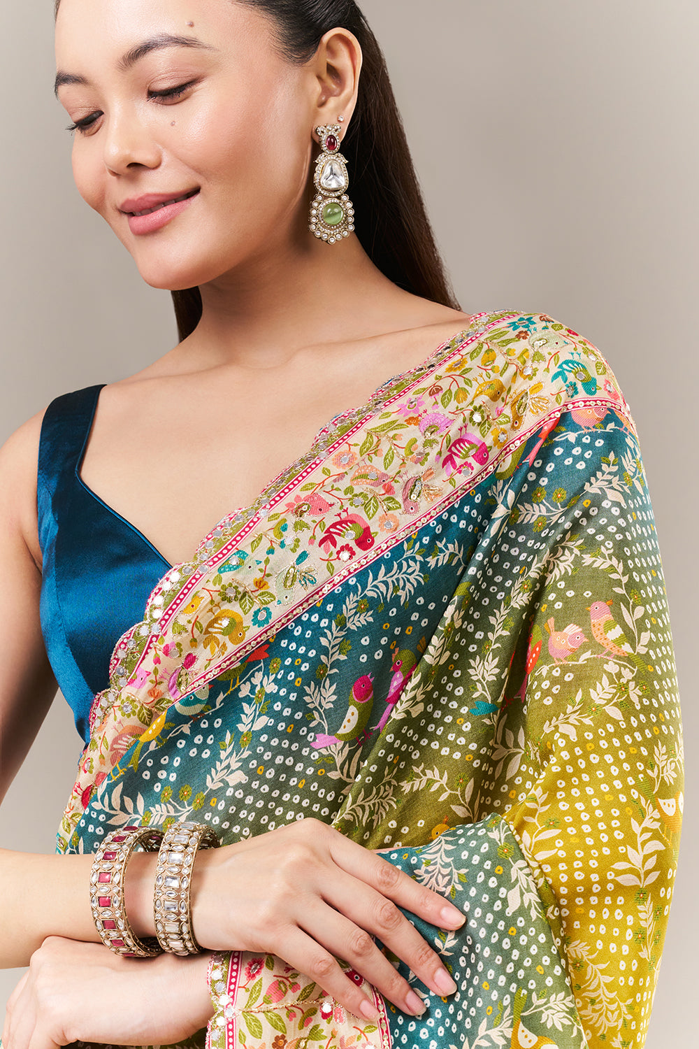 Multicolour Silk Printed Saree with Mirror and Zari Work