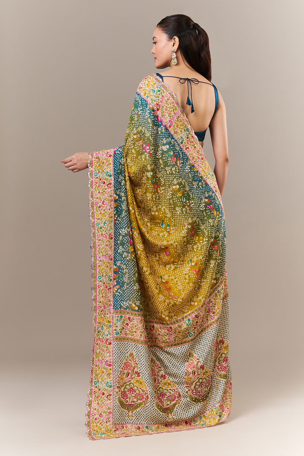 Multicolour Silk Printed Saree with Mirror and Zari Work