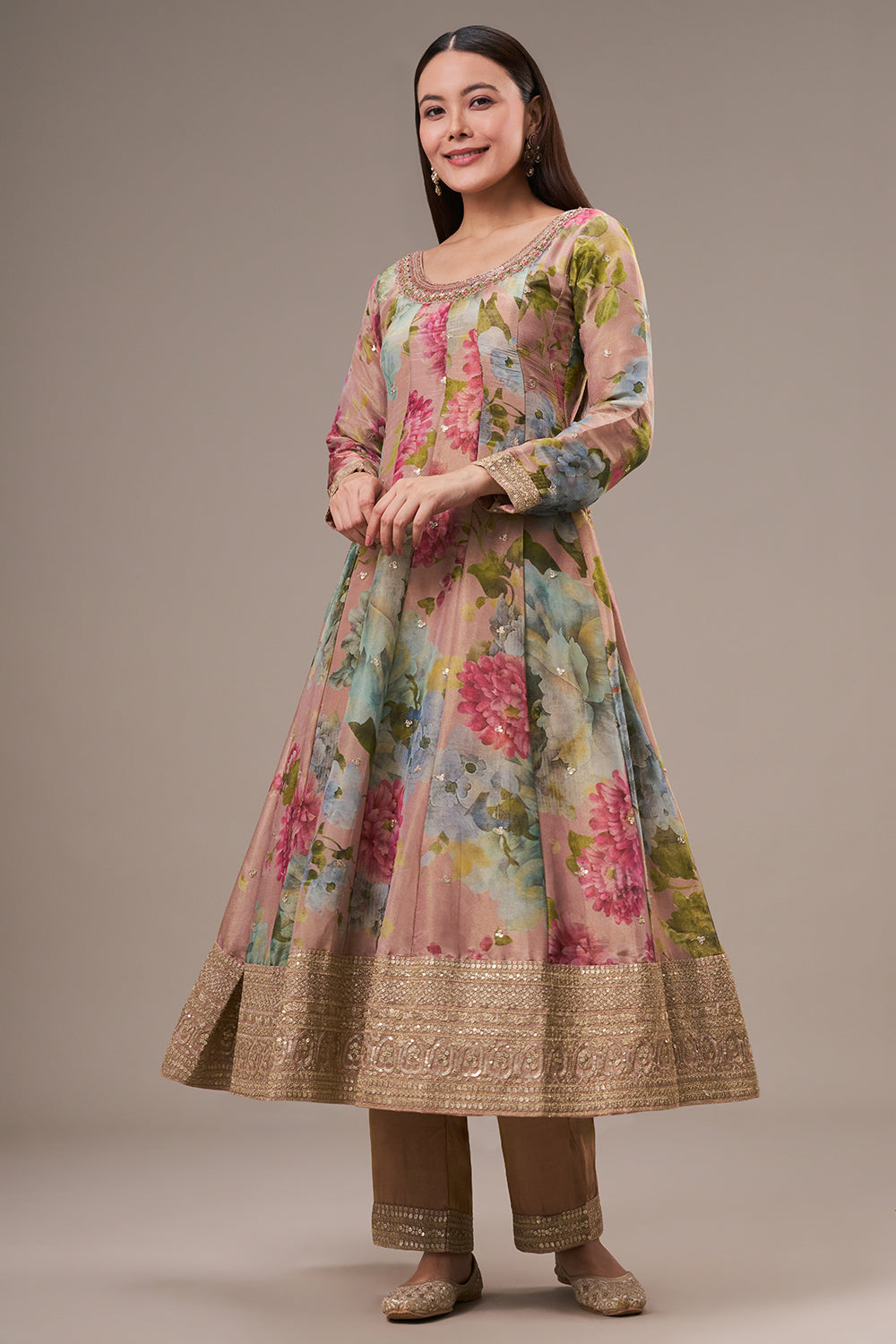 Multicolour Tissue Anarkali Suit with Zardosi and Mirror Work