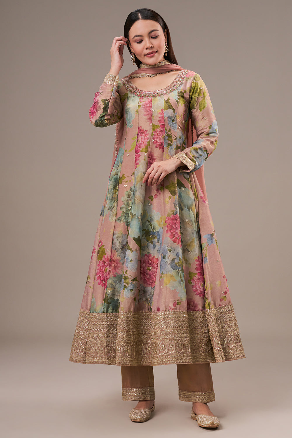 Multicolour Tissue Anarkali Suit with Zardosi and Mirror Work