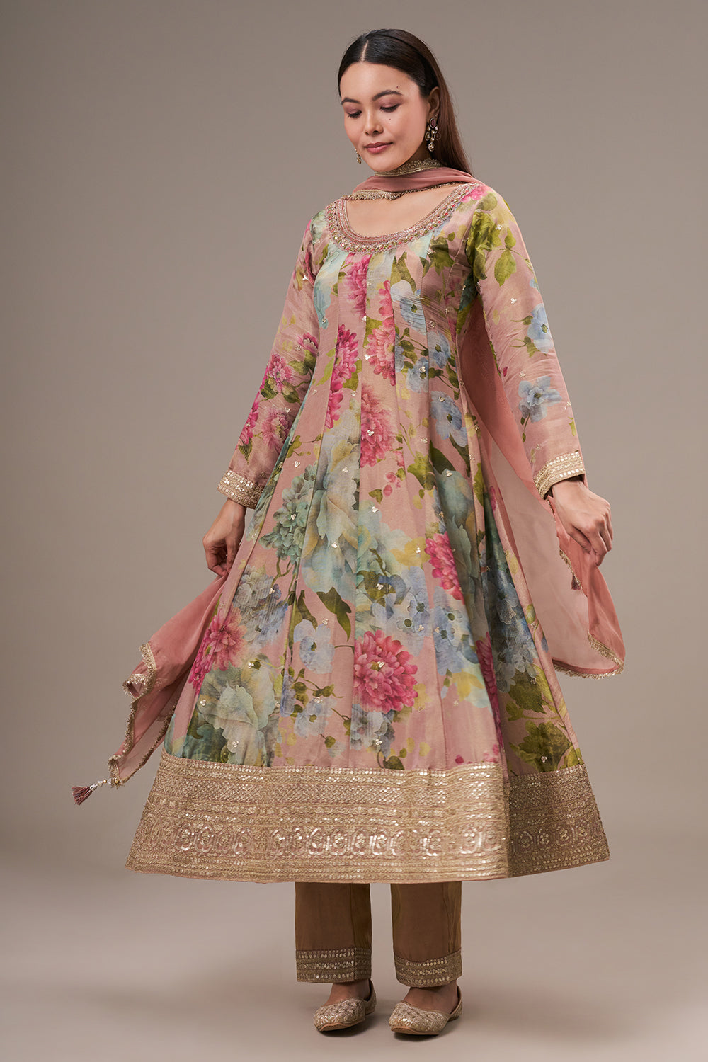 Multicolour Tissue Anarkali Suit with Zardosi and Mirror Work