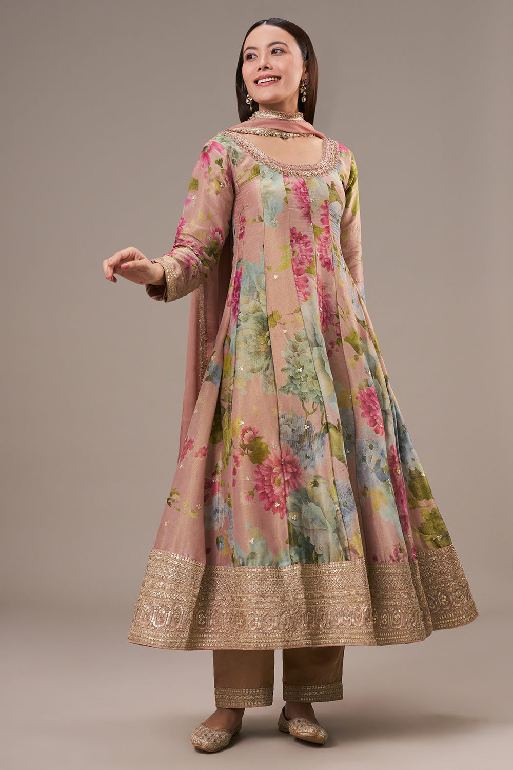 Multicolour Tissue Anarkali Suit with Zardosi and Mirror Work
