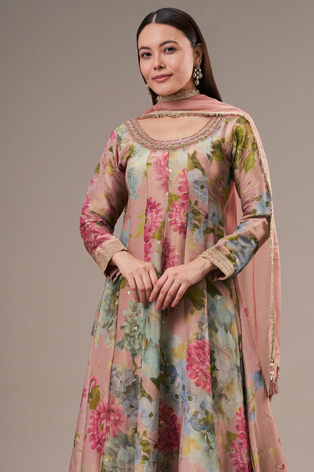 Multicolour Tissue Anarkali Suit with Zardosi and Mirror Work