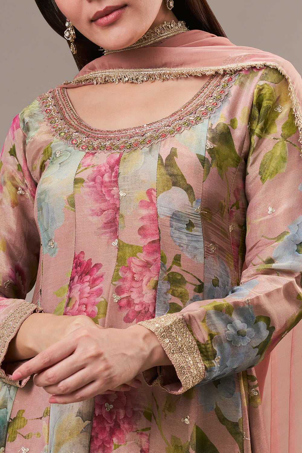 Multicolour Tissue Anarkali Suit with Zardosi and Mirror Work