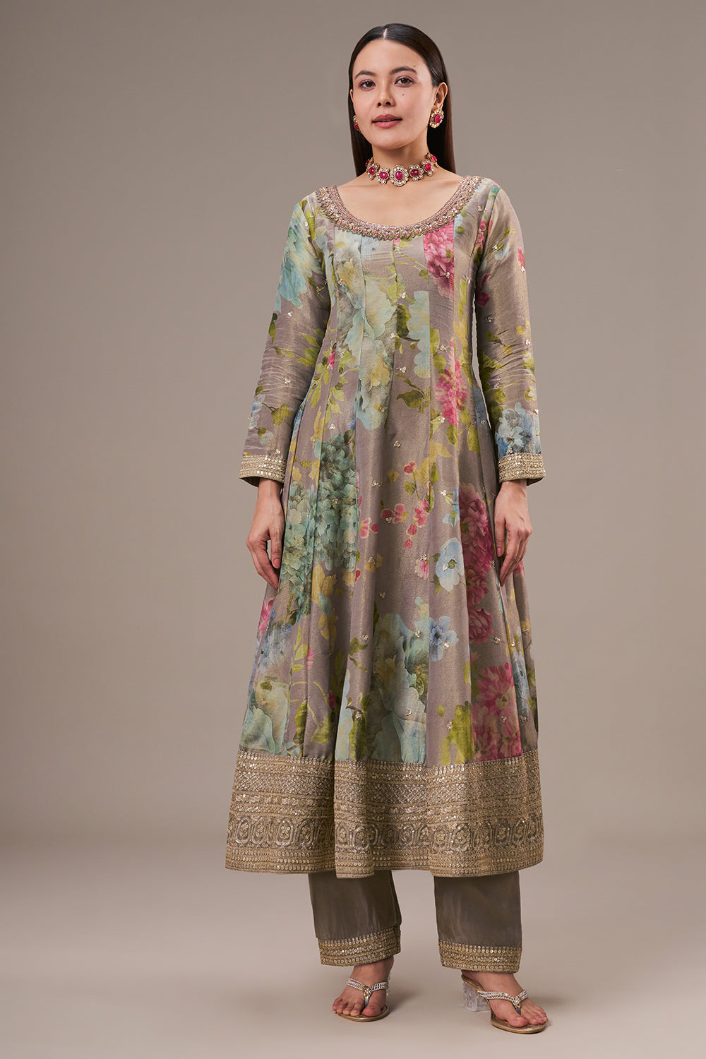 Multicolour Tissue Anarkali Suit with Zari and Mirror Work