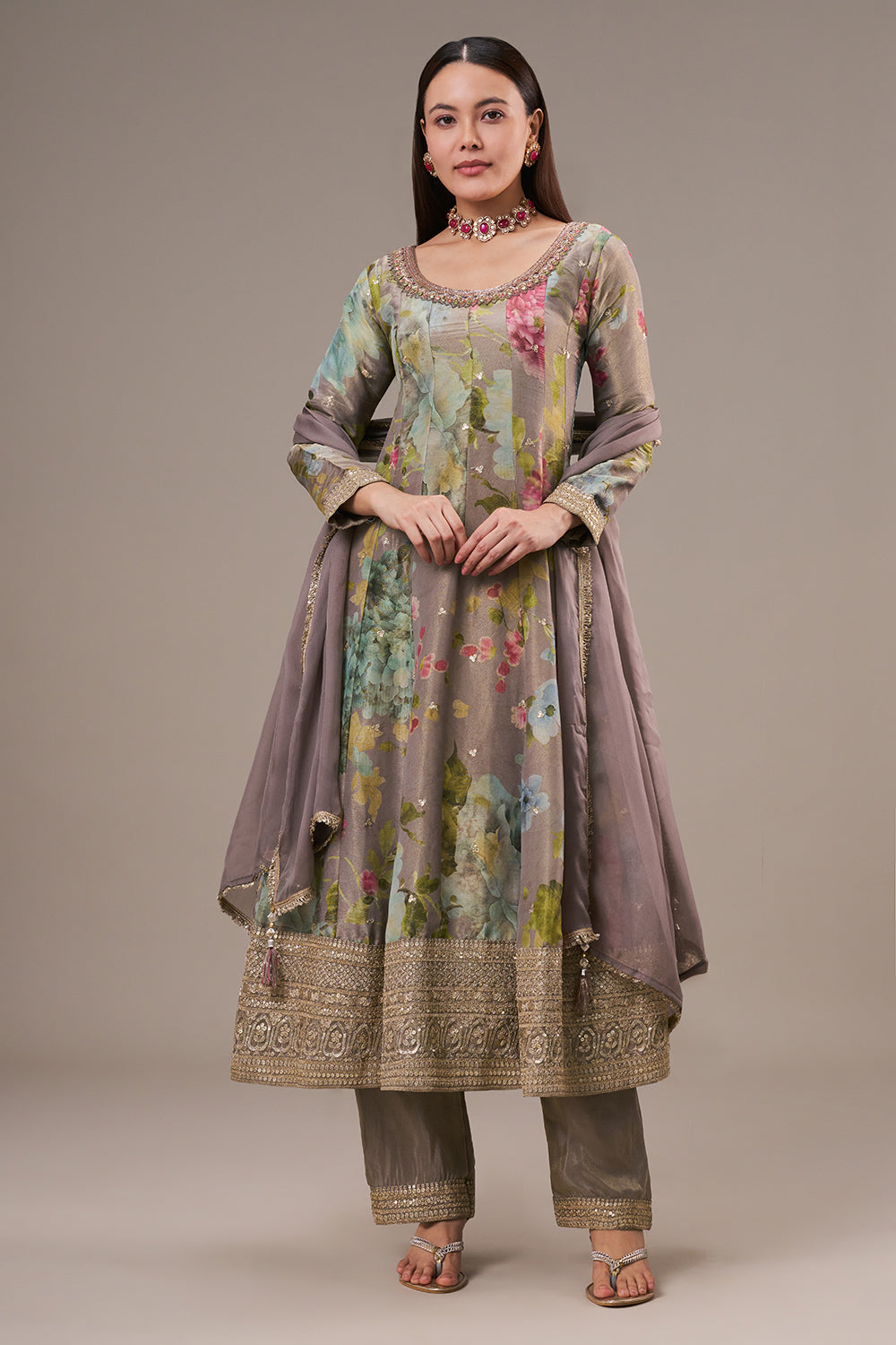 Multicolour Tissue Anarkali Suit with Zari and Mirror Work