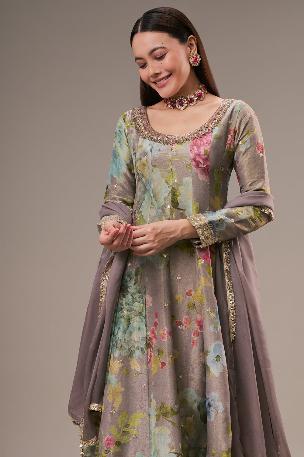 Multicolour Tissue Anarkali Suit with Zari and Mirror Work
