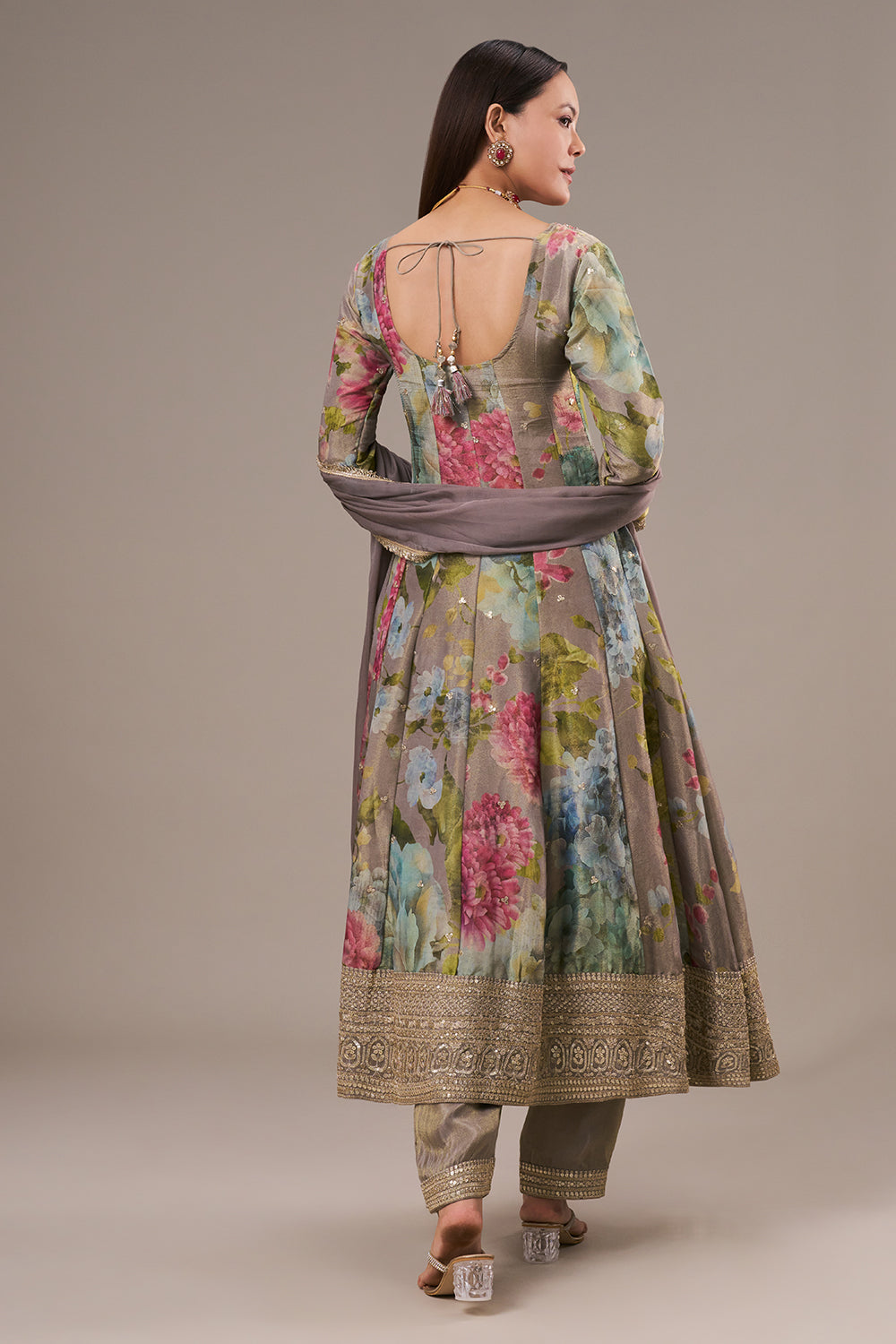 Multicolour Tissue Anarkali Suit with Zari and Mirror Work