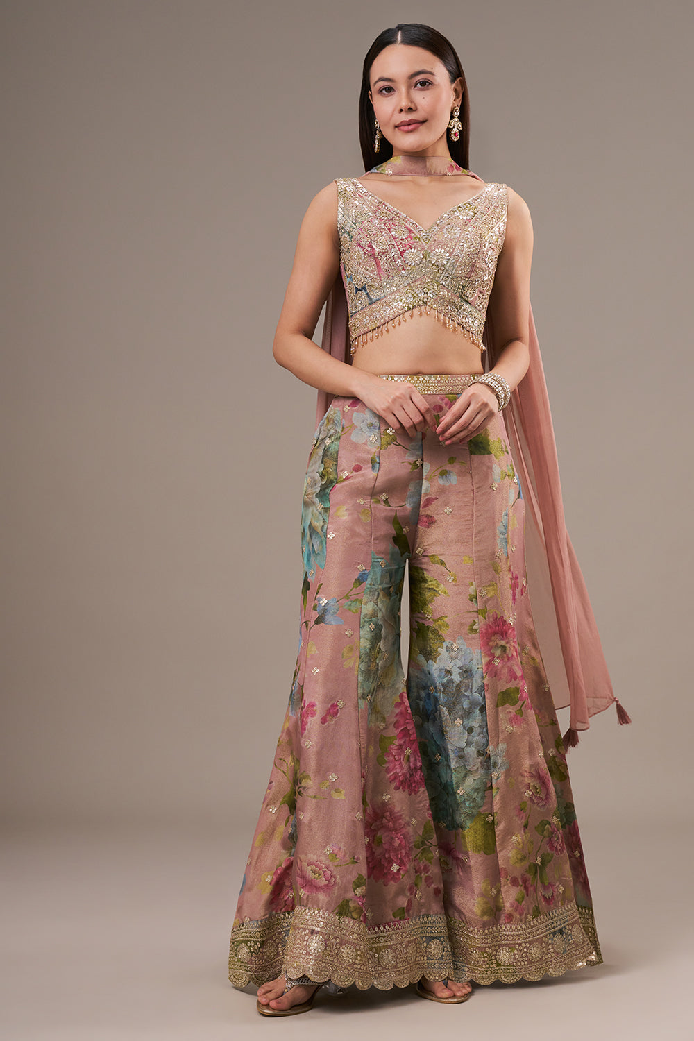 Multicolour Tissue Crop Top Style Palazzo Suit with Zardosi and Zari Work