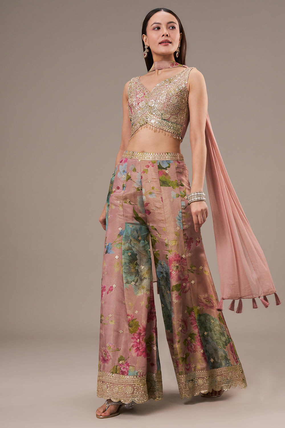 Multicolour Tissue Crop Top Style Palazzo Suit with Zardosi and Zari Work