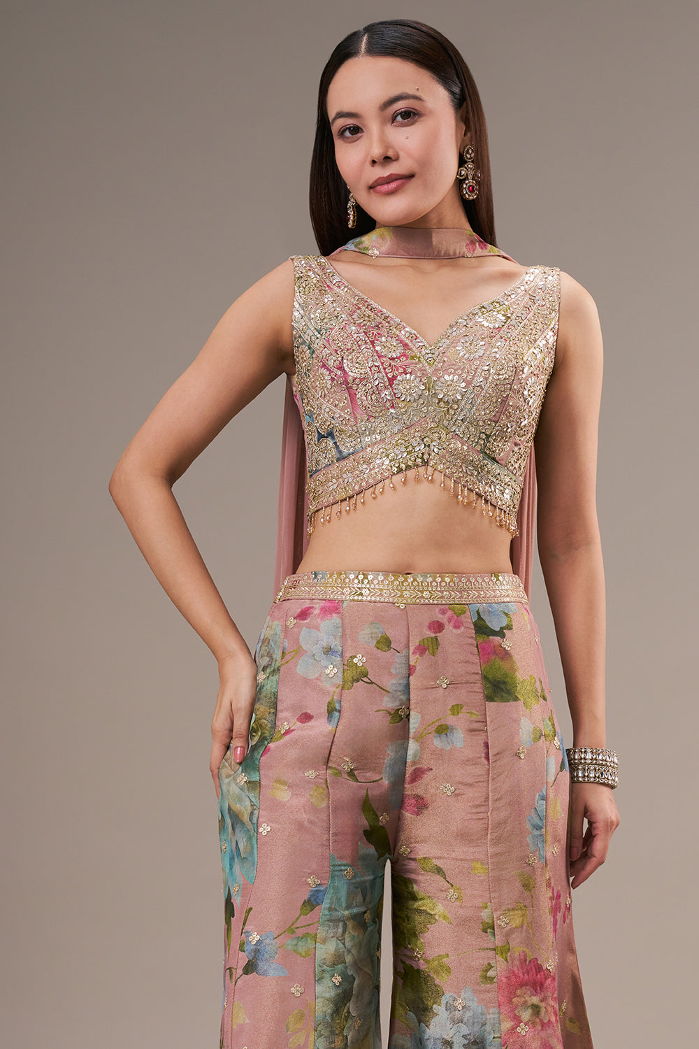 Multicolour Tissue Crop Top Style Palazzo Suit with Zardosi and Zari Work