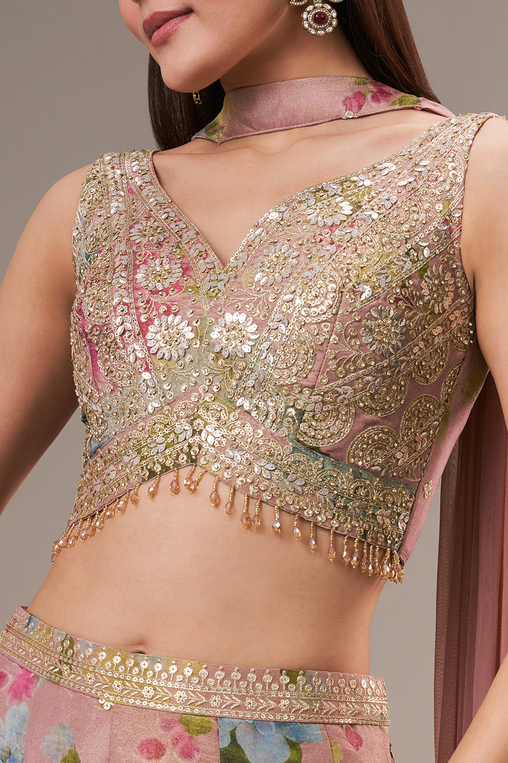 Multicolour Tissue Crop Top Style Palazzo Suit with Zardosi and Zari Work