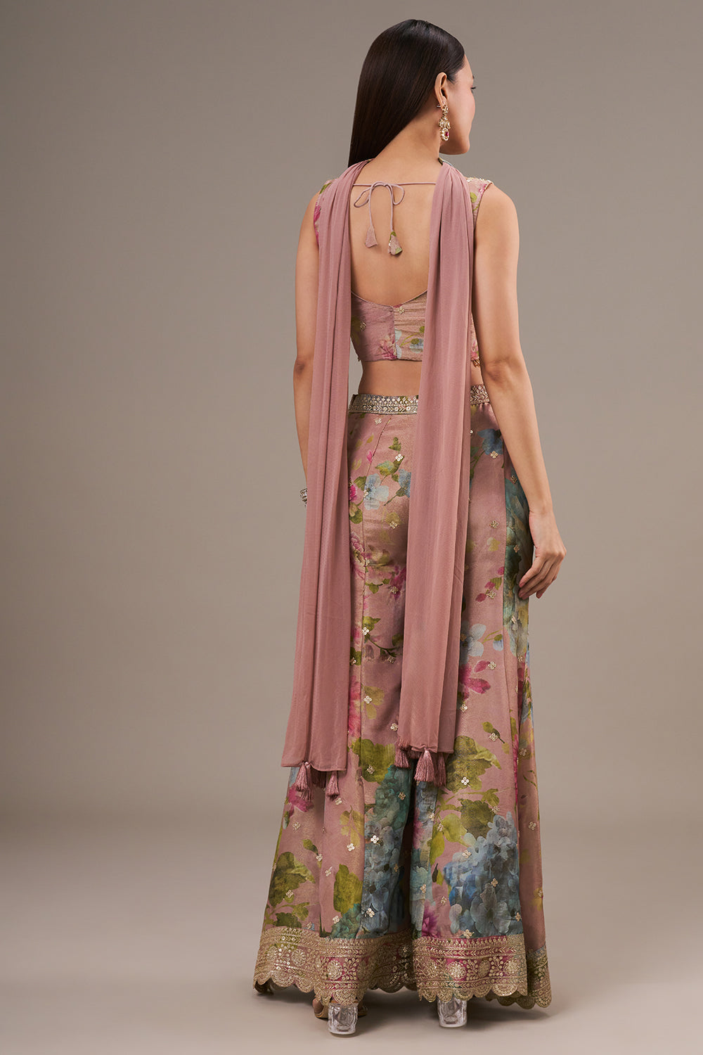 Multicolour Tissue Crop Top Style Palazzo Suit with Zardosi and Zari Work