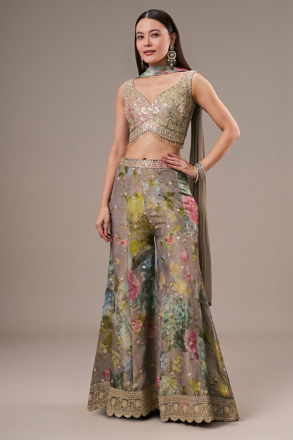 Multicolour Tissue Crop Top Style Palazzo Suit with Zari and Zardosi Work