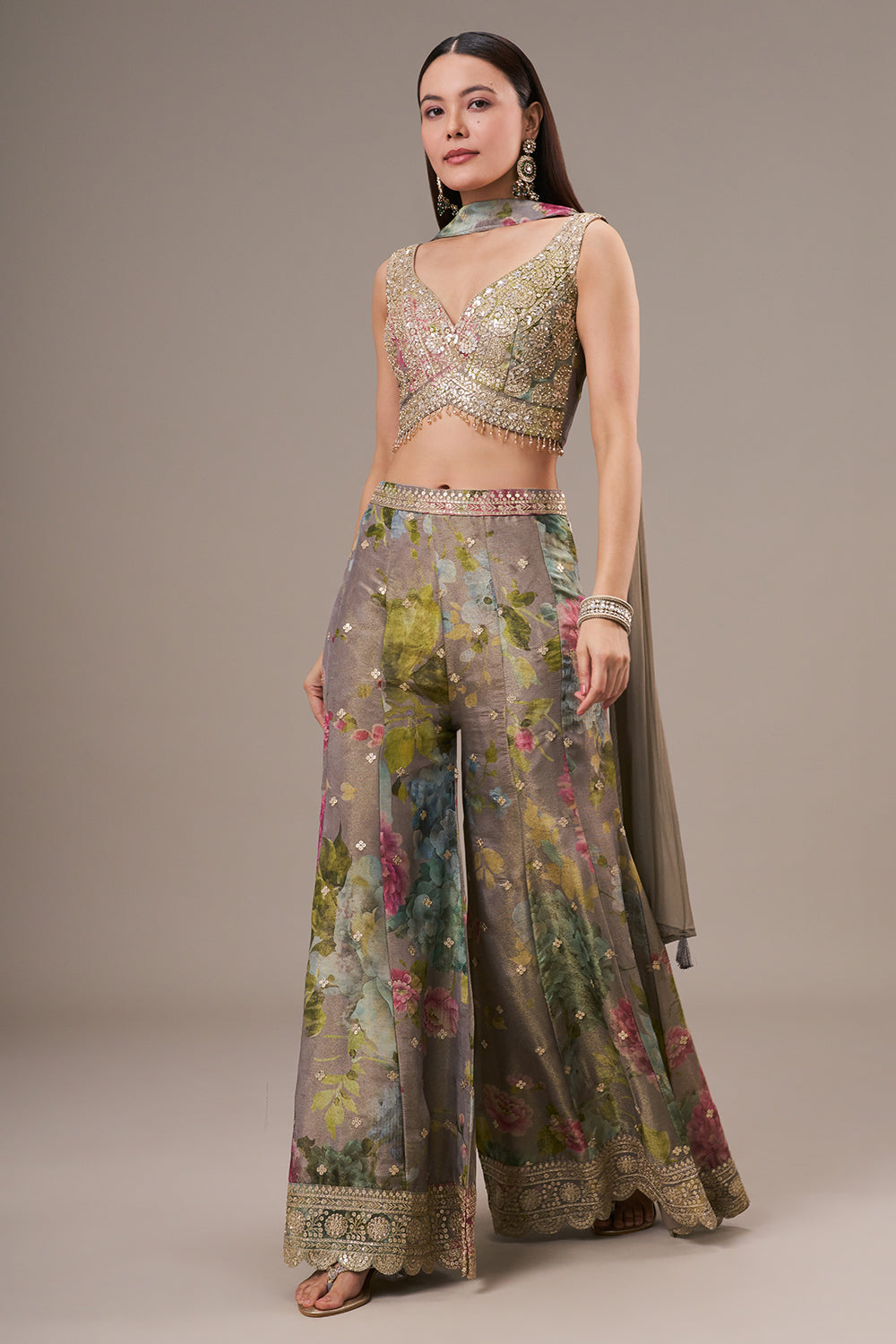 Multicolour Tissue Crop Top Style Palazzo Suit with Zari and Zardosi Work