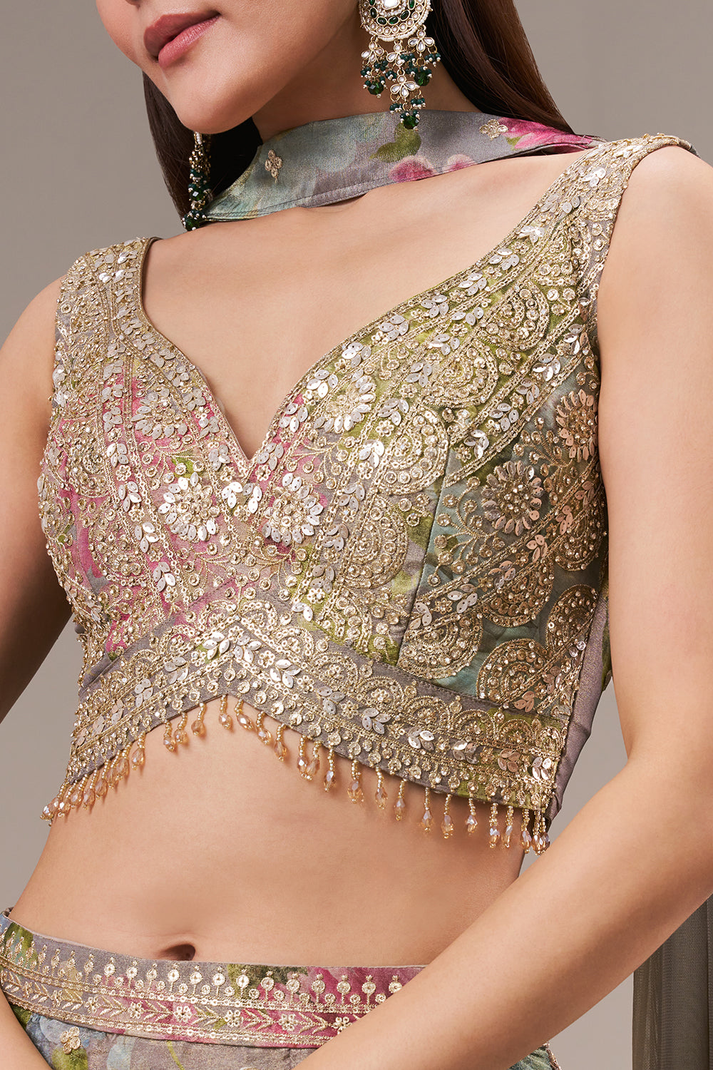 Multicolour Tissue Crop Top Style Palazzo Suit with Zari and Zardosi Work