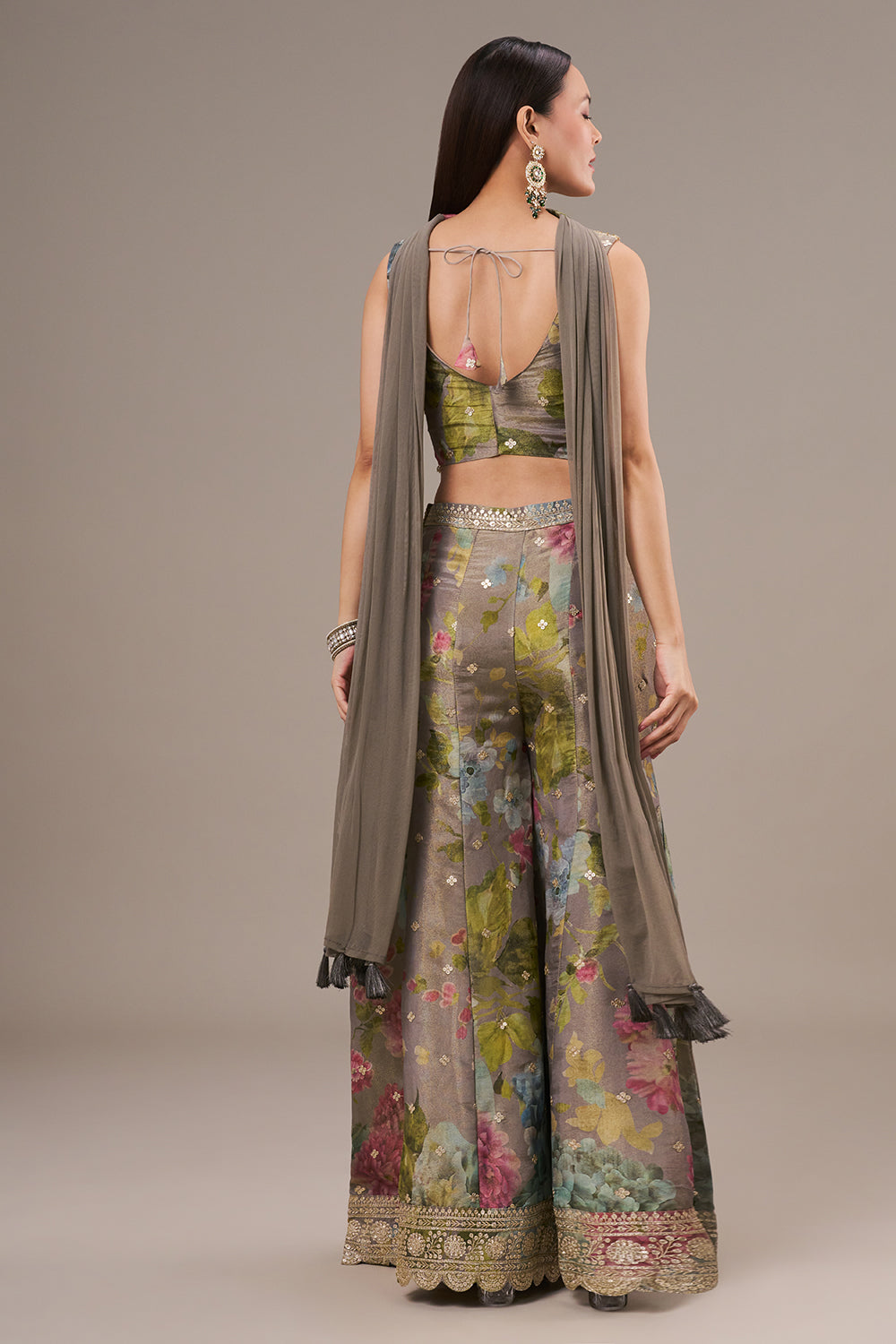 Multicolour Tissue Crop Top Style Palazzo Suit with Zari and Zardosi Work