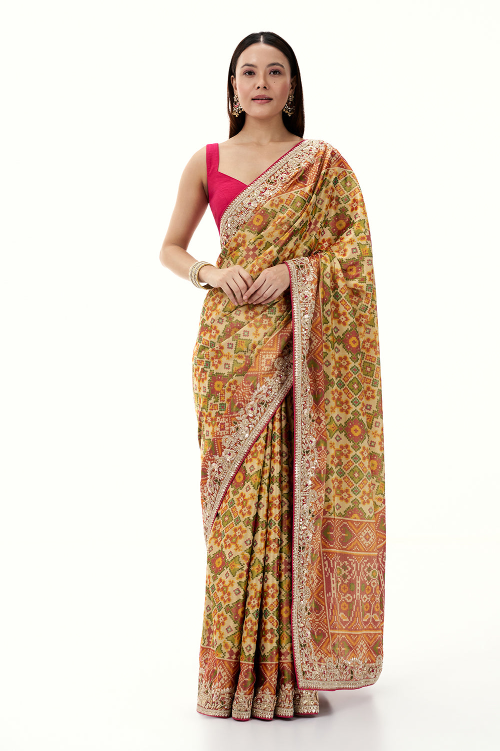 Multicolour Tissue Silk Saree with Patola Print and Embellished Border