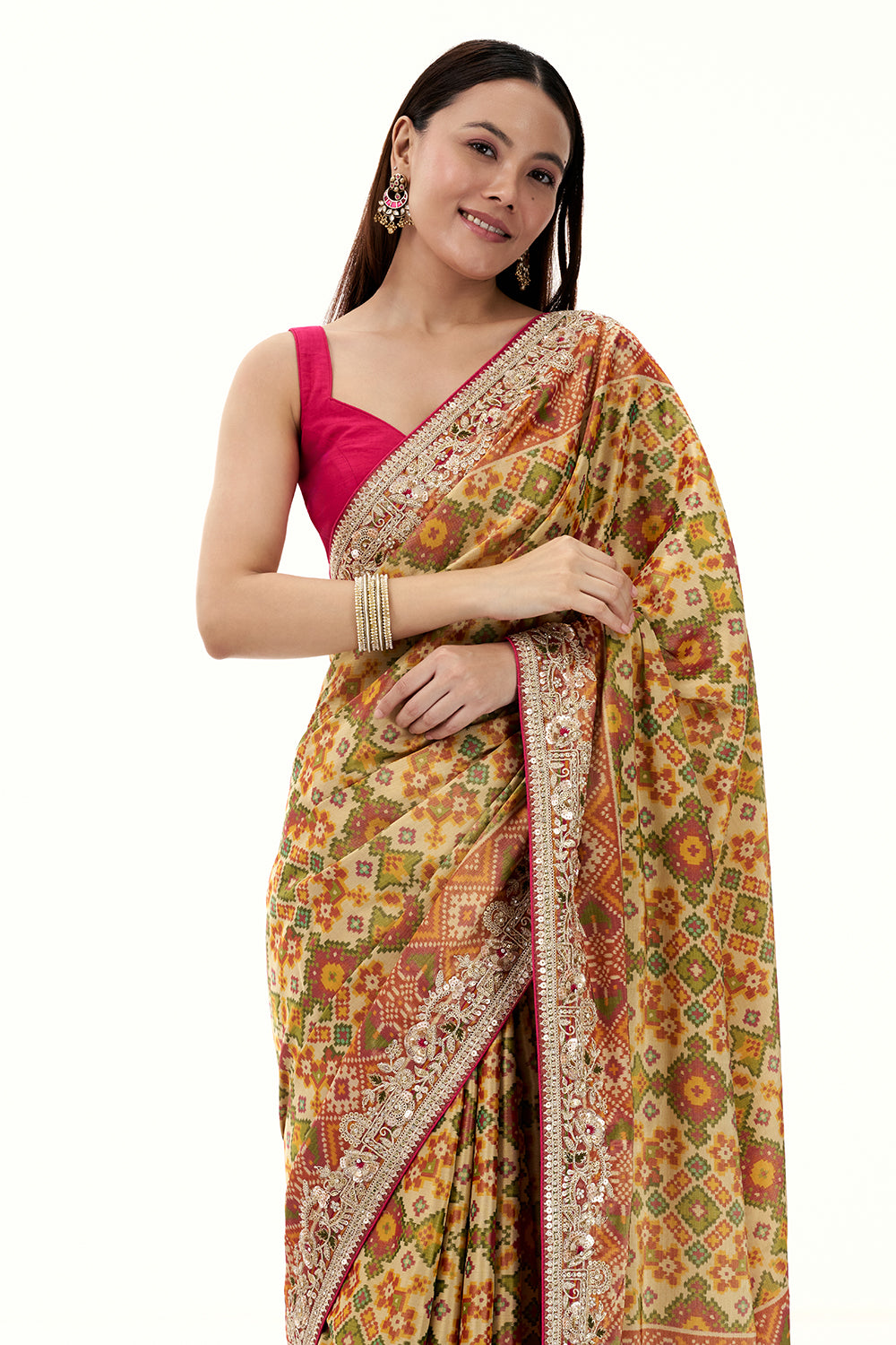Multicolour Tissue Silk Saree with Patola Print and Embellished Border