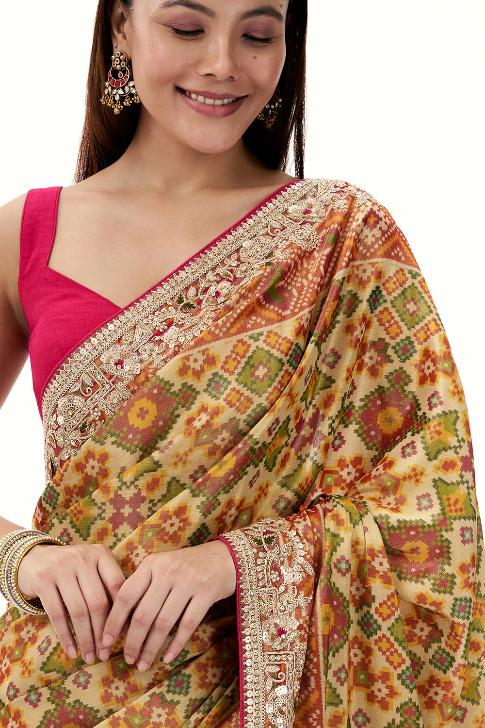Multicolour Tissue Silk Saree with Patola Print and Embellished Border