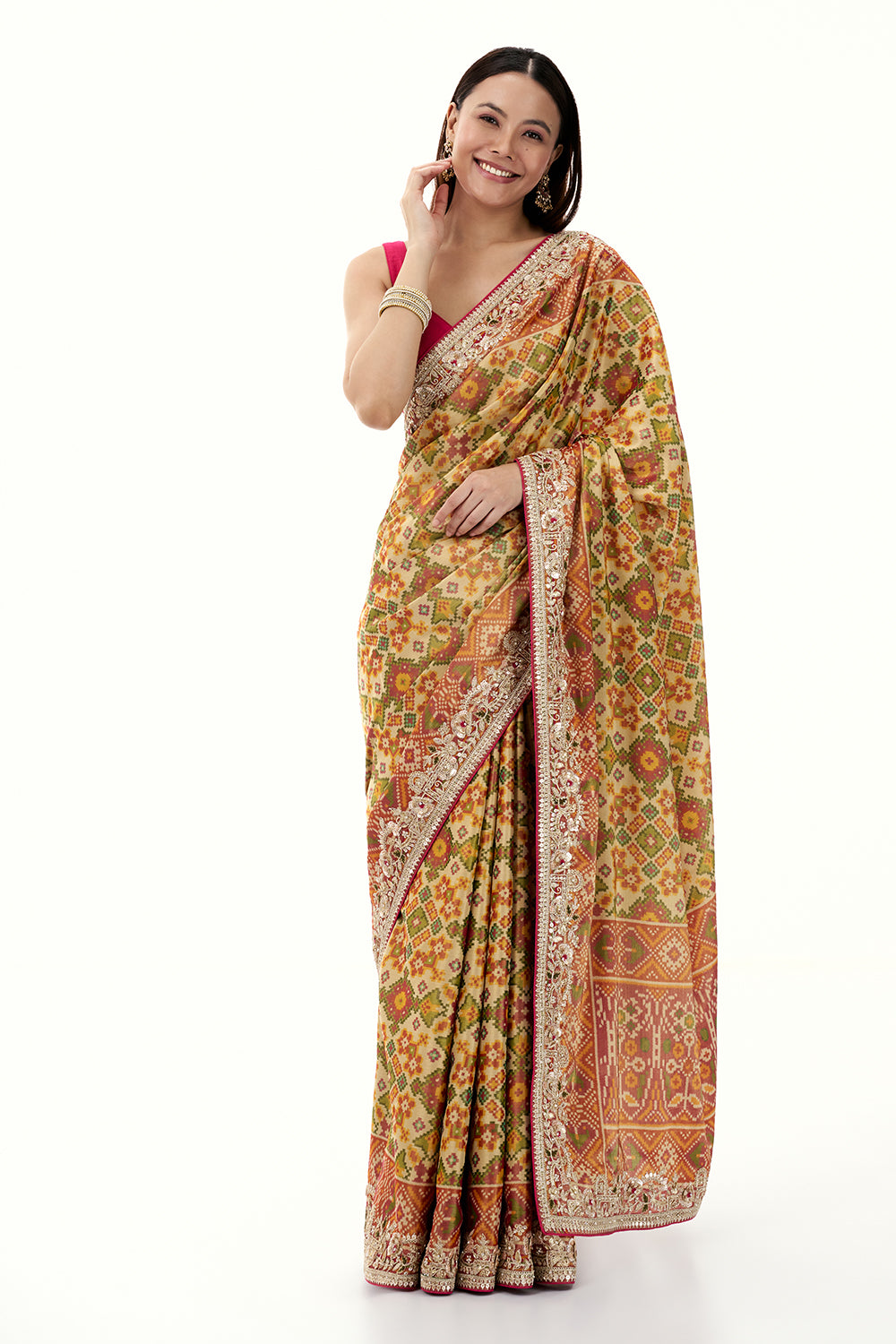 Multicolour Tissue Silk Saree with Patola Print and Embellished Border