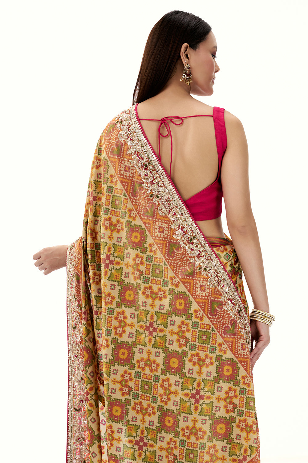 Multicolour Tissue Silk Saree with Patola Print and Embellished Border