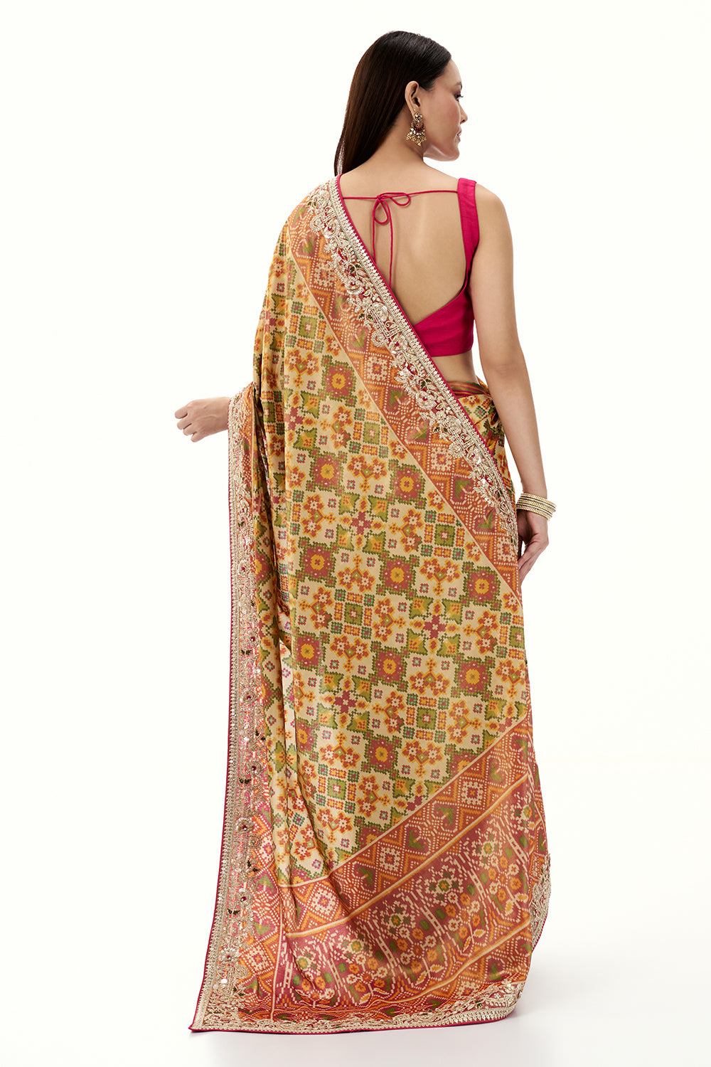 Multicolour Tissue Silk Saree with Patola Print and Embellished Border