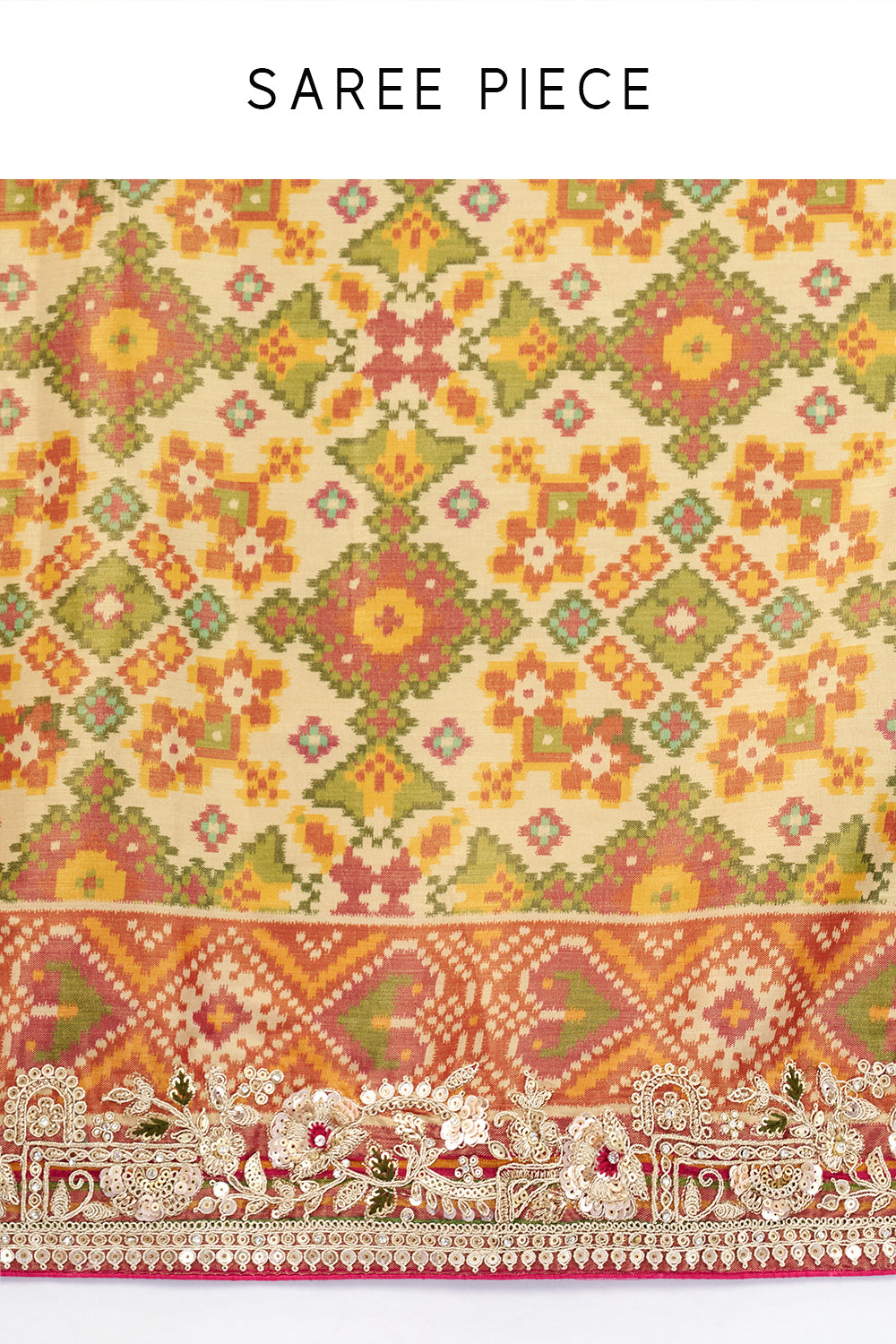 Multicolour Tissue Silk Saree with Patola Print and Embellished Border
