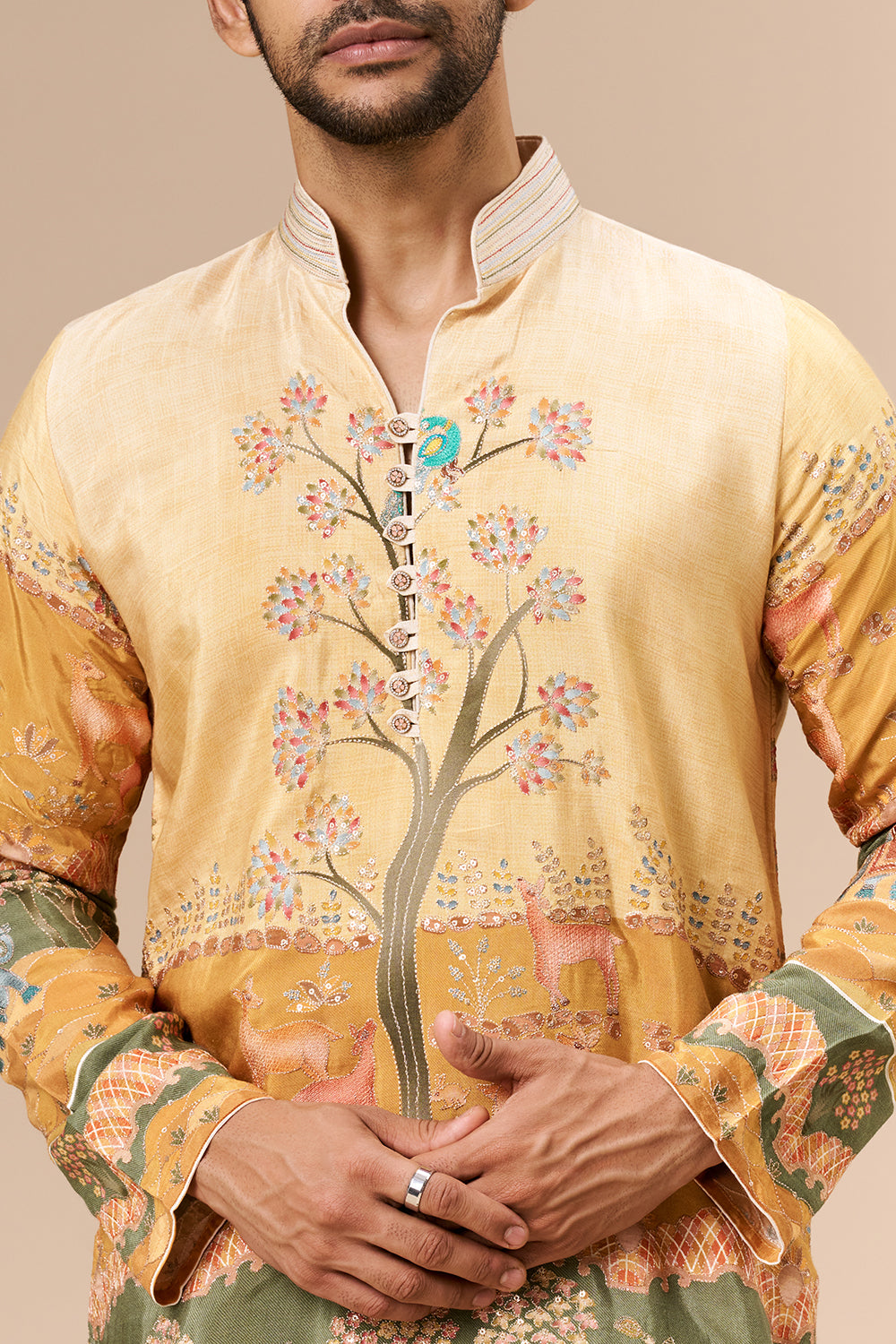 Multicolour Yellow Printed Cotton Blend Mens Kurta with Zari Work