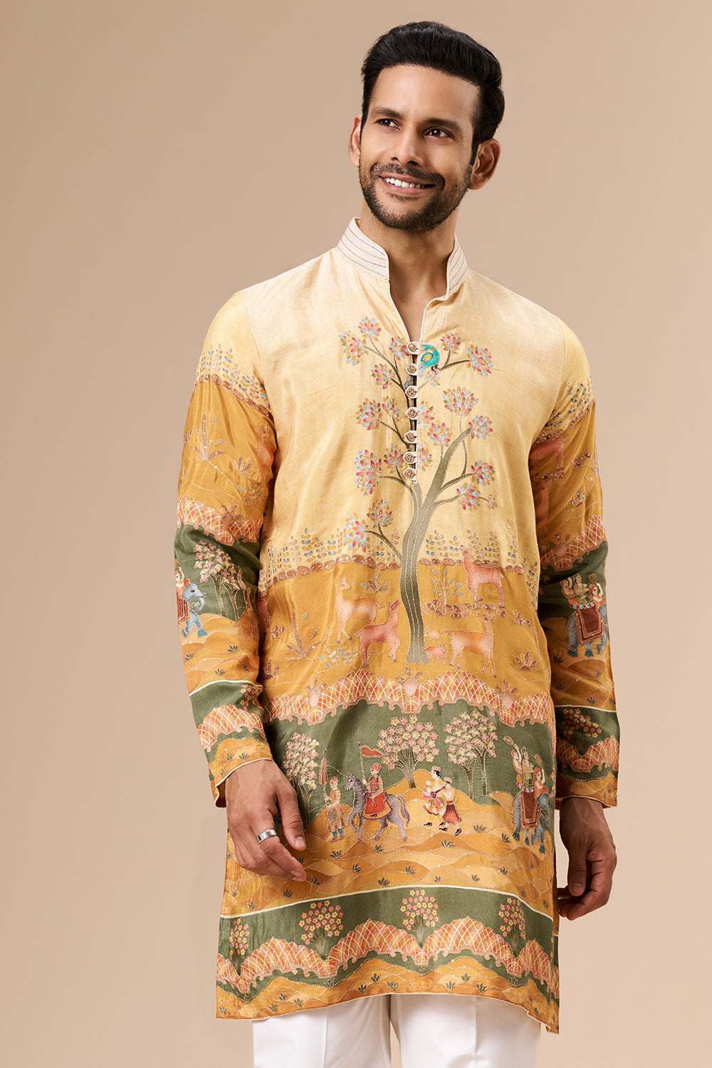 Multicolour Yellow Printed Cotton Blend Mens Kurta with Zari Work