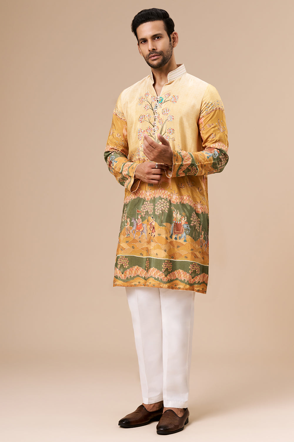 Multicolour Yellow Printed Cotton Blend Mens Kurta with Zari Work