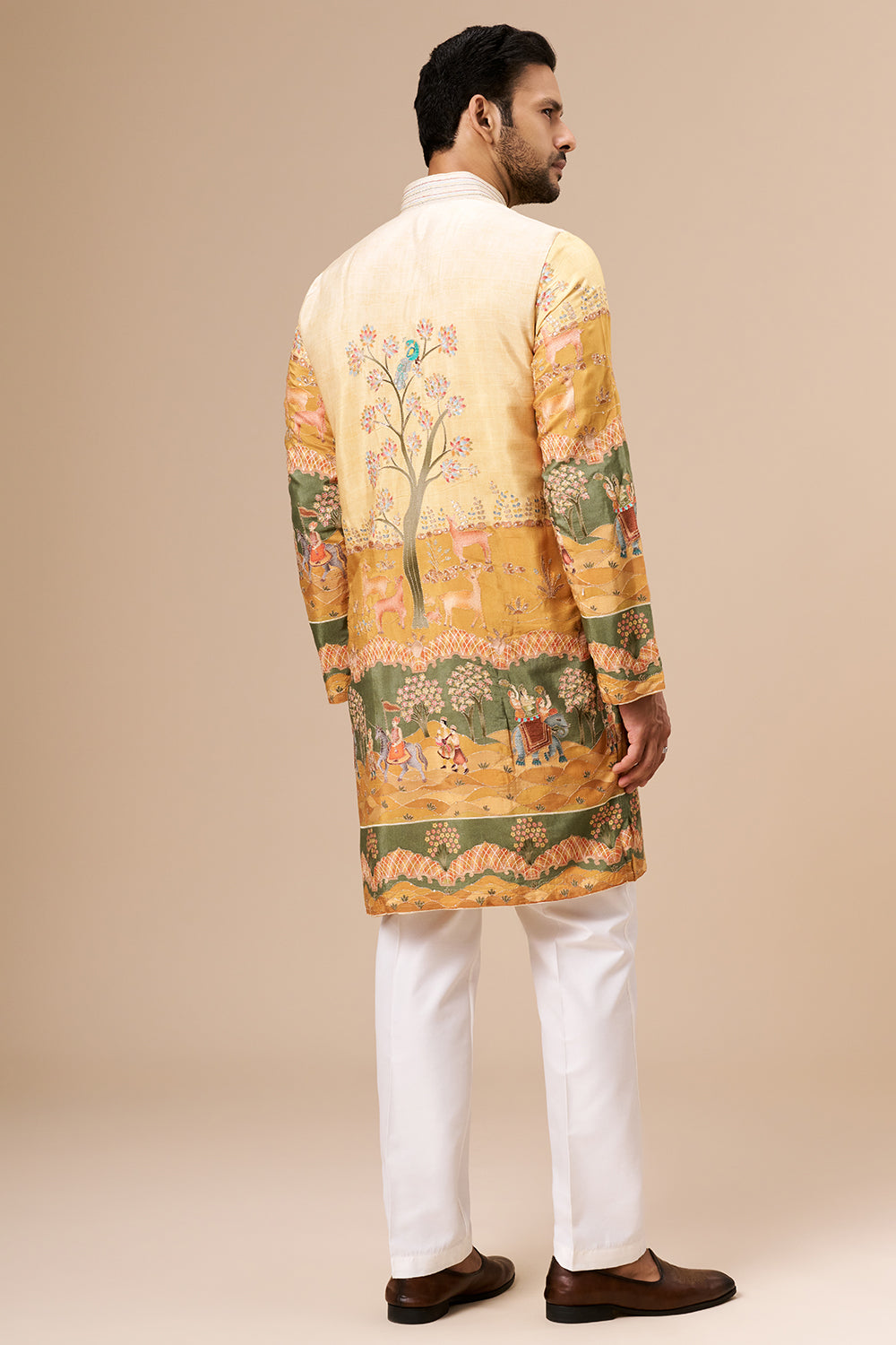 Multicolour Yellow Printed Cotton Blend Mens Kurta with Zari Work