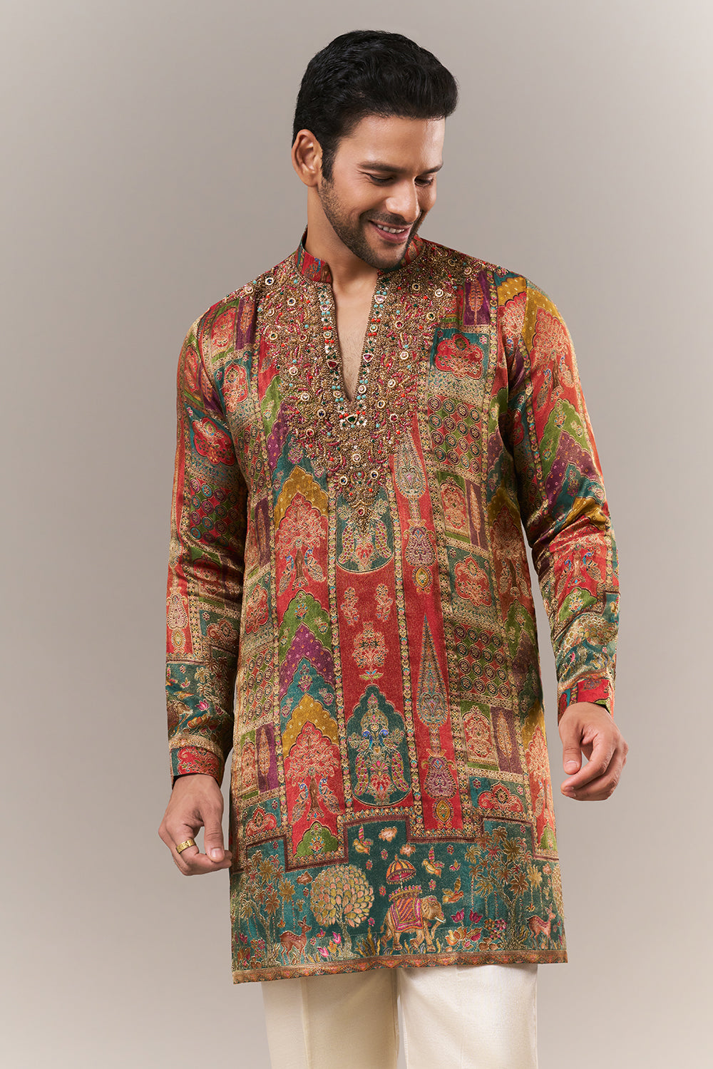Multicoloured Brocade Mens Kurta Set with Zari and Stone Work