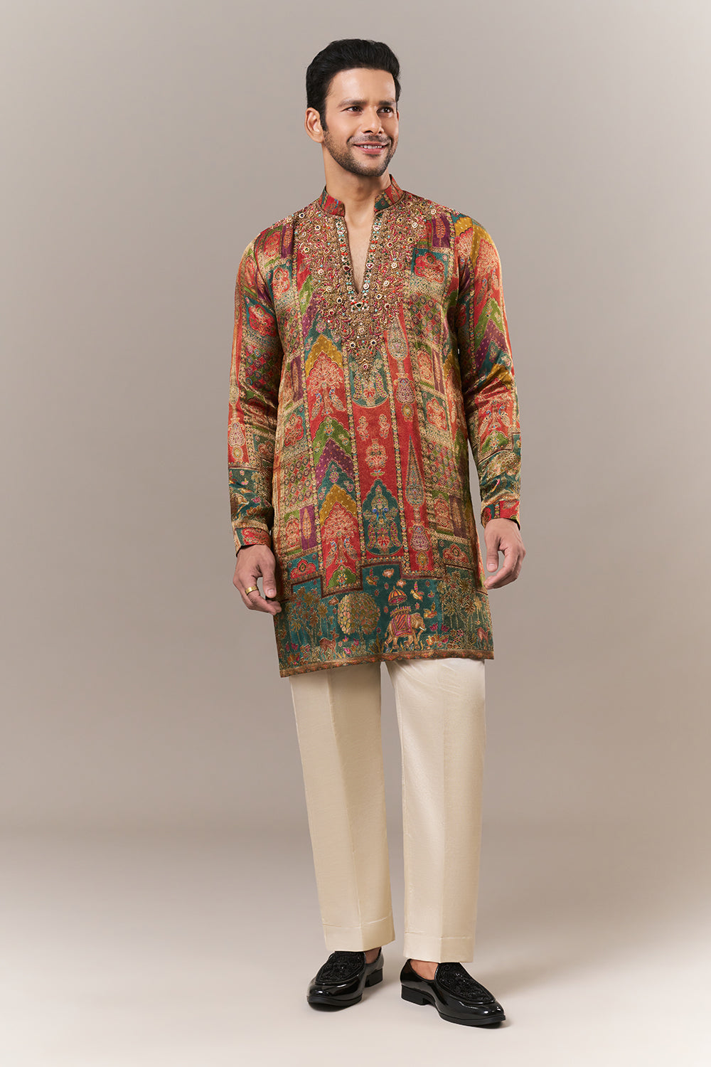 Multicoloured Brocade Mens Kurta Set with Zari and Stone Work