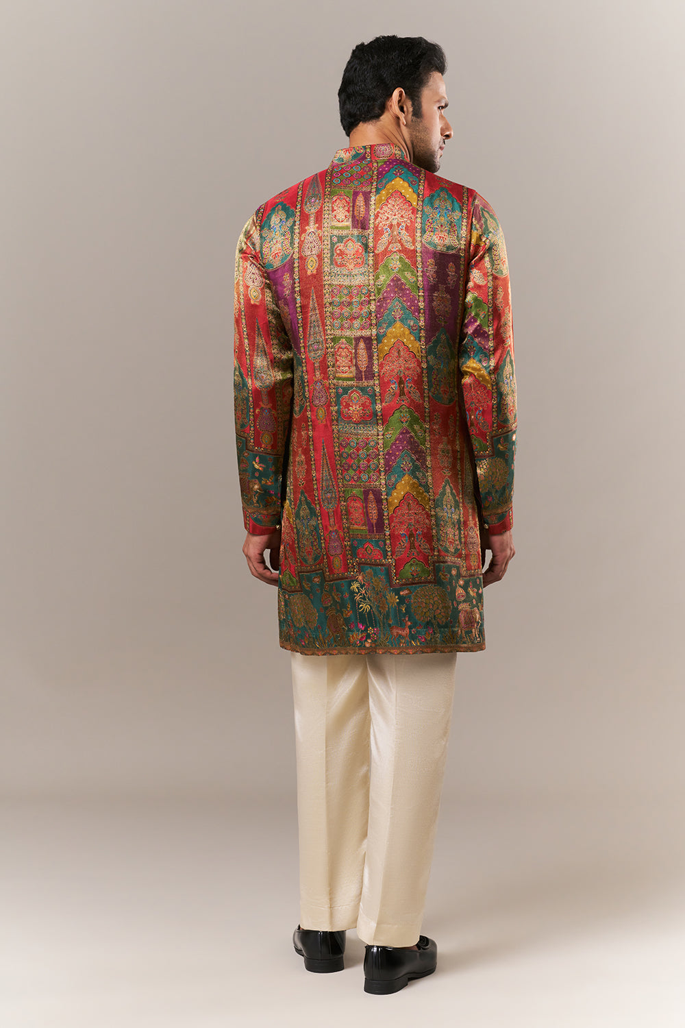 Multicoloured Brocade Mens Kurta Set with Zari and Stone Work