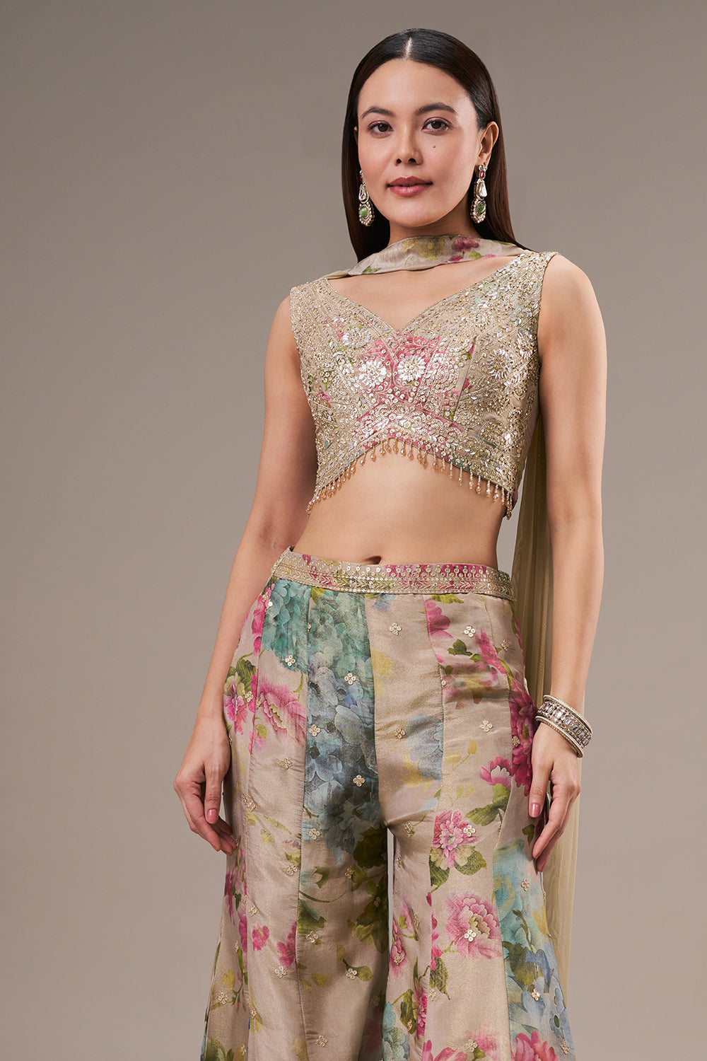 Multicoloured Tissue Crop Top Palazzo Set with Sequin and Zari Work