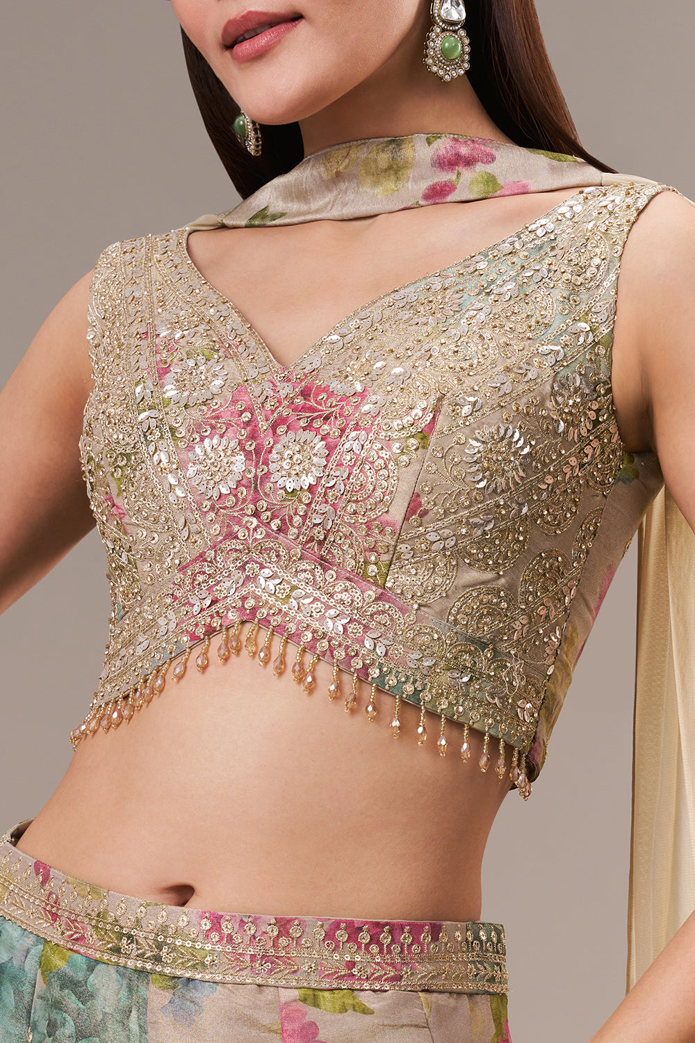 Multicoloured Tissue Crop Top Palazzo Set with Sequin and Zari Work