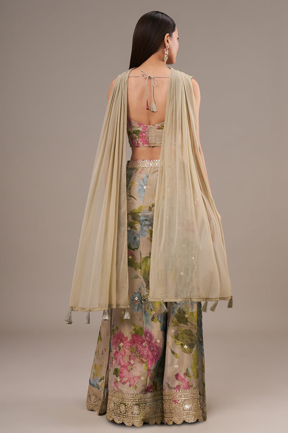 Multicoloured Tissue Crop Top Palazzo Set with Sequin and Zari Work