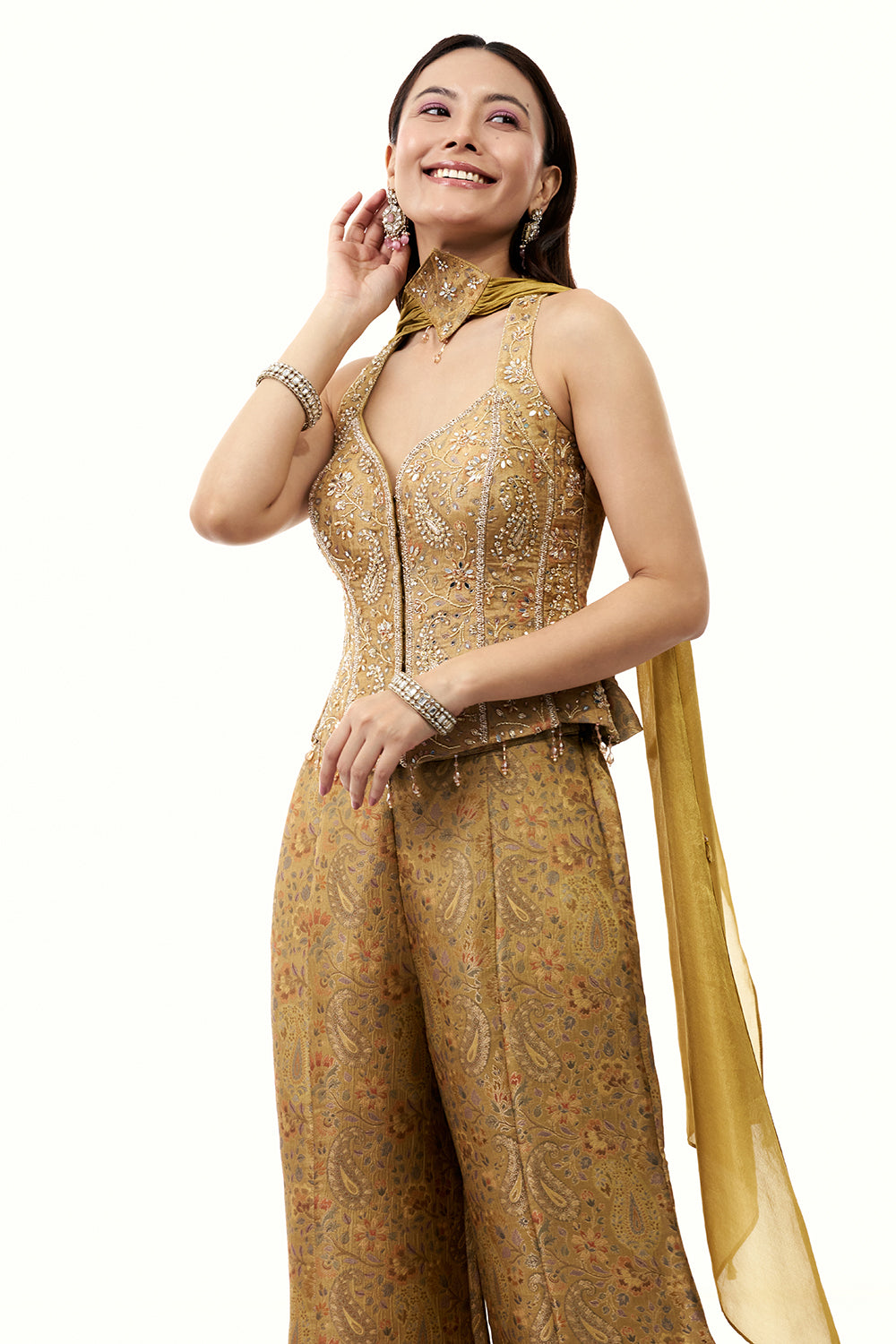 Mustard Art Silk Palazzo Set with Zardosi and Mirror Work